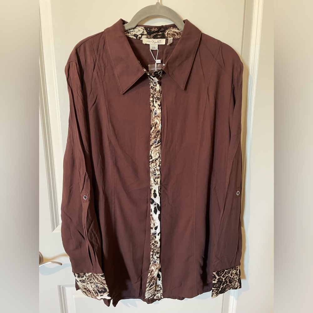 Simply Noelle - Chocolate Brown Button Down with Animal Print accents